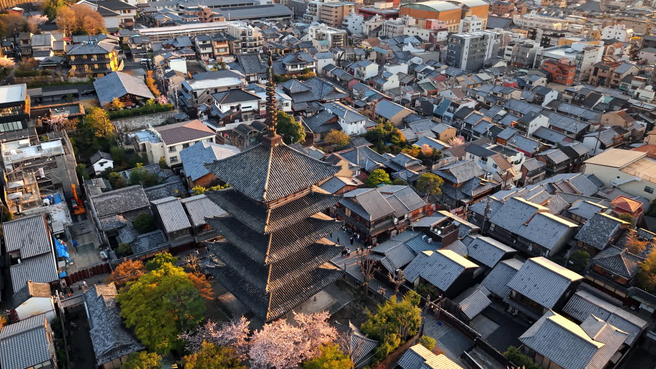 Aerial drone view of the Yasaka Pagoda temple in daylight