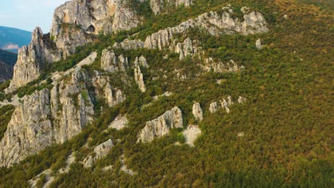 aerial pan up rocky mountain top, autumn yellow and green forest trees