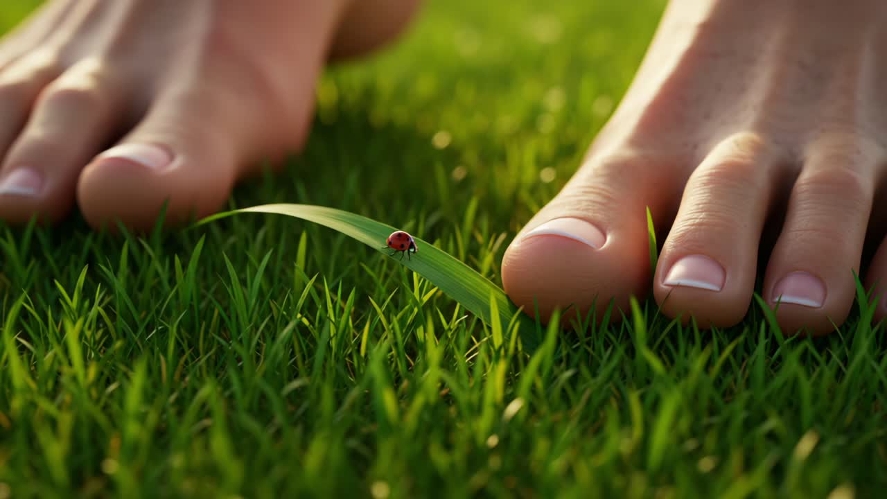 A Close-Up of Bare Feet on Lush Green Grass with a Tiny Ladybug and Delicate Blades of Grass Creating a Tranquil Natural Scene