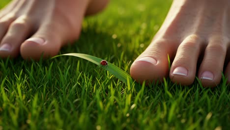 a close-up of bare feet on lush green grass with a tiny ladybug and delicate blades of grass creating a tranquil natural scene