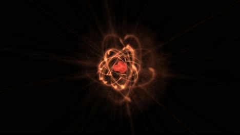 Atomic structure simulation with moving electron pathways, radiation spikes and pulsating nucleus.