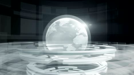 abstract digital looped motion background with rotating earth globe and circular geometric shapes.