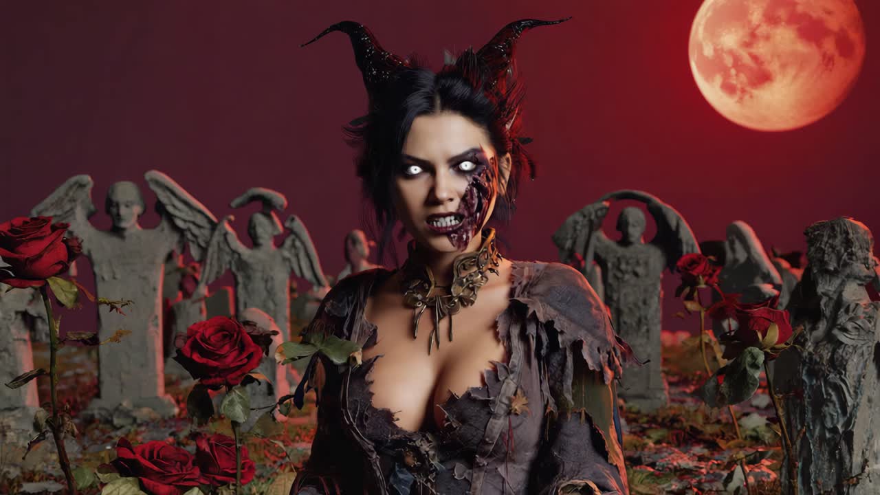 Demonic Woman in Graveyard Under Red Moon