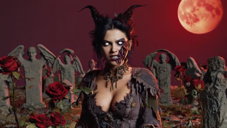Demonic Woman in Graveyard Under Red Moon