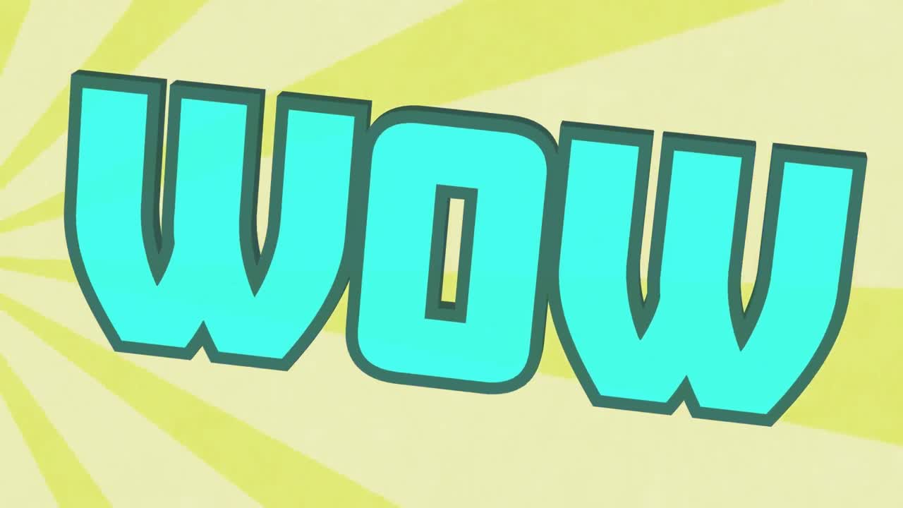 Animazione del testo "wow" con lettere colorate su sfondo giallo