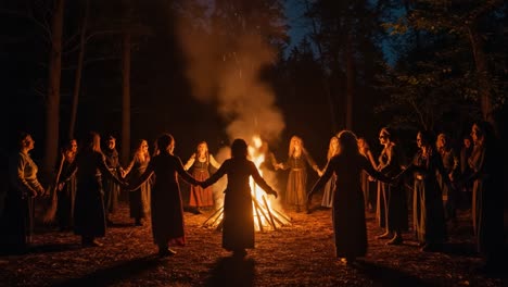 a ritual gathering at midnight: enigmatic circle of women dances around a flickering fire amidst the darkened forest, emanating energy and mystery in a spellbinding atmosphere