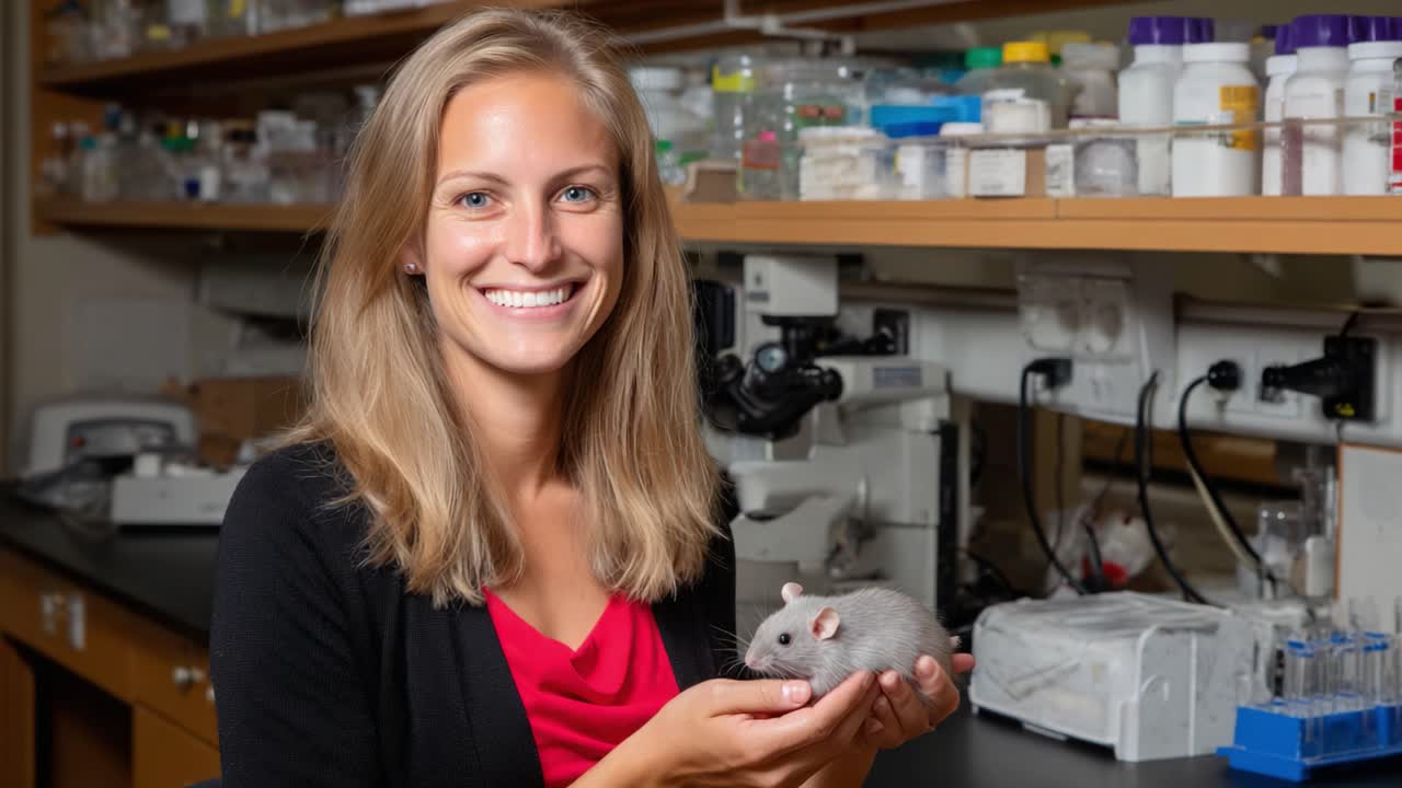 Een lachende onderzoeker houdt een schattige laboratoriummuis vast in een goedgevulde wetenschappelijke omgeving en laat zo de band zien tussen wetenschap en dieronderzoek
