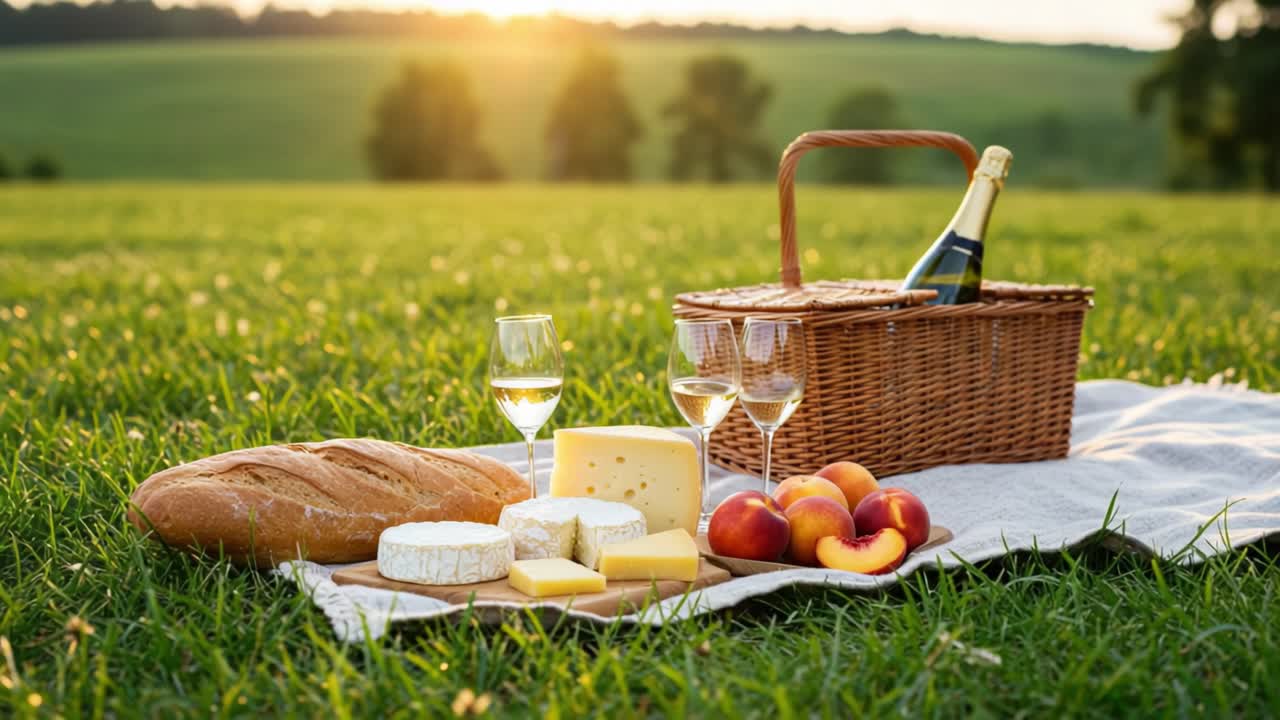 A Serene Picnic Setup with Cheese, Bread, and Bubbly in the Soft Glow of Sunset, Nestled Amongst Lush Green Fields Ideal for Relaxation and Enjoyment
