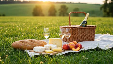 a serene picnic setup with cheese, bread, and bubbly in the soft glow of sunset, nestled amongst lush green fields ideal for relaxation and enjoyment