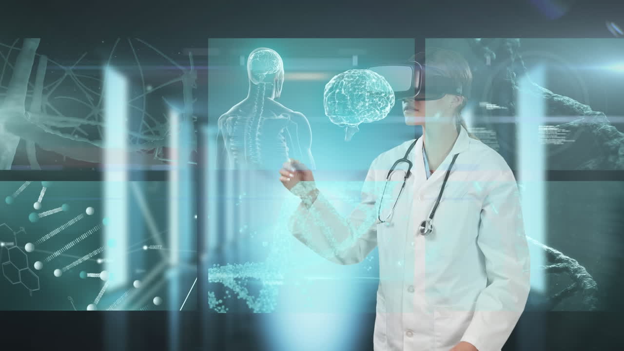 Animation of female doctor using virtual reality headset with scientist ...