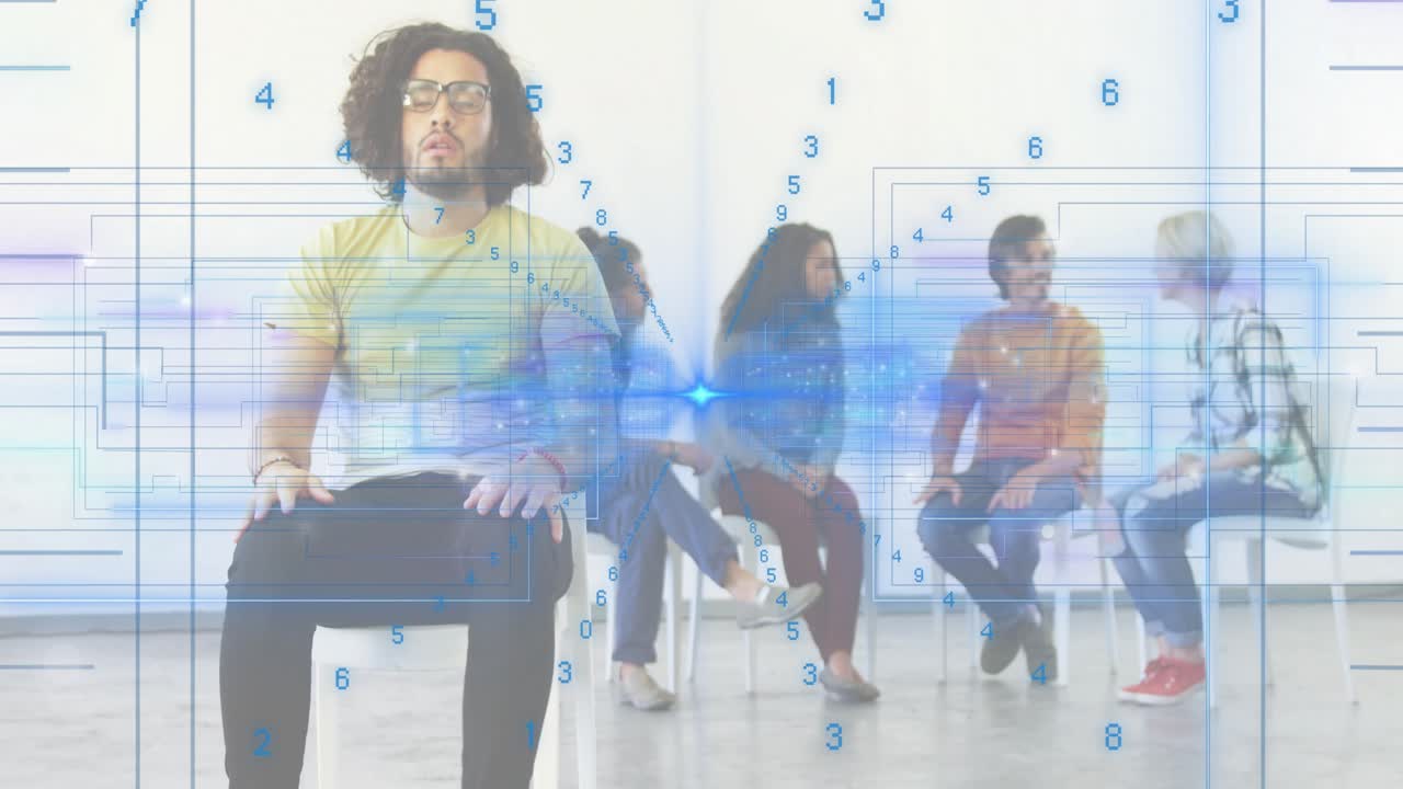 Man on white stool breathing while digital overlay pulsing aligning posture in therapy group
