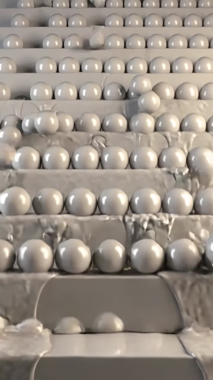 Vertical video: Coating dripping making spheres slip from grooves and fall down steps in lab pools