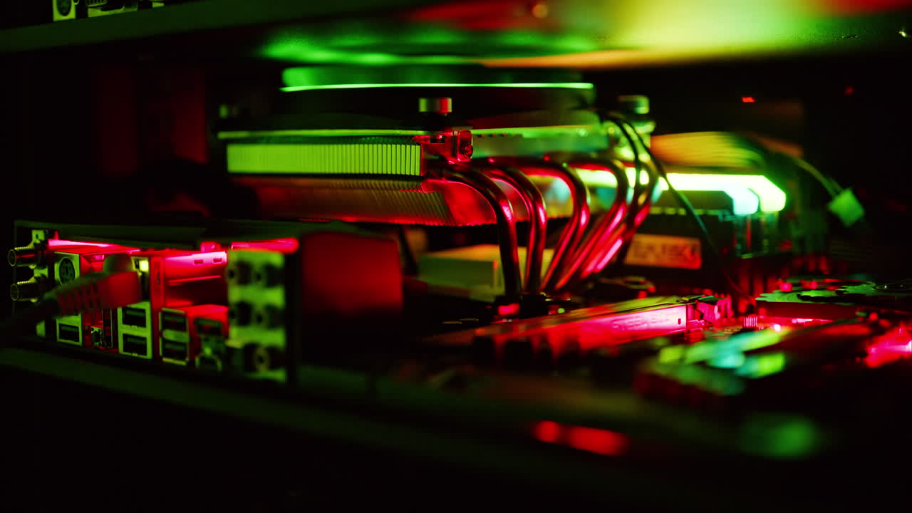 Close up of a server with flashing colourful lights in a data center