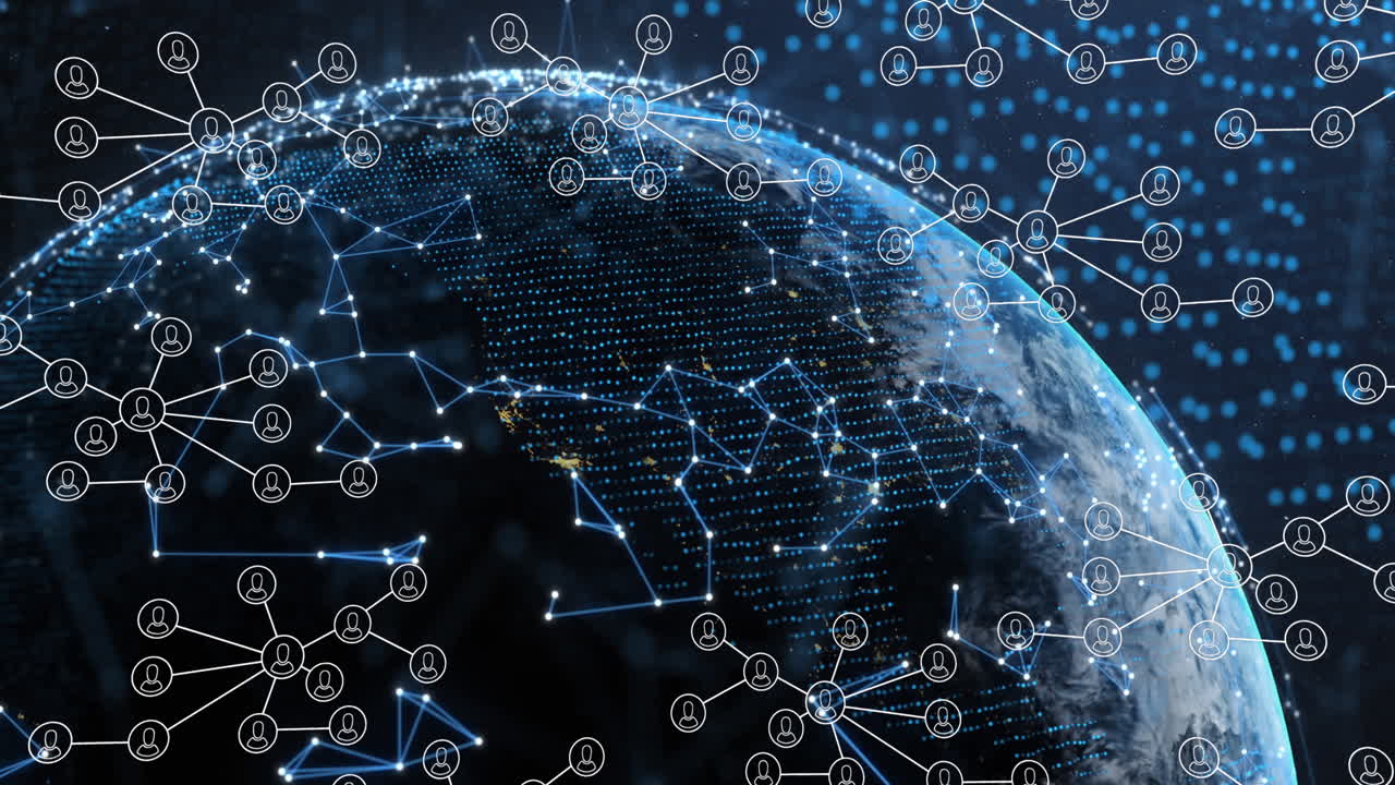 Animation of network of connections with people icons over globe