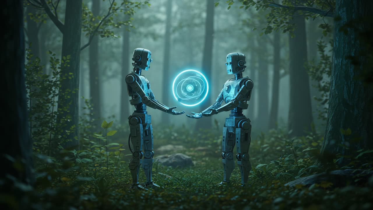 In a mystical forest, two advanced robots share a luminescent orb, symbolizing the exchange of knowledge and collaboration in an era of technological advancement and evolution