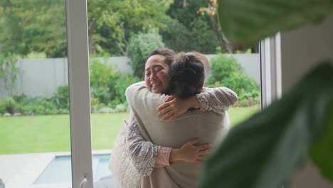 happy asian mother and adult daughter embracing and smiling by window to garden