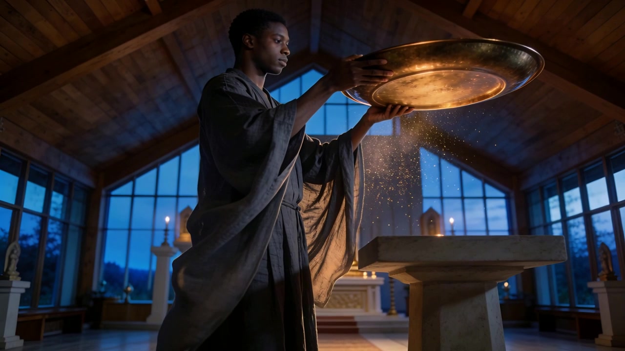 Sacerdote in tonaca che solleva e inclina un bacile di ottone in una cappella, rilasciando polvere d'oro sull'altare per la benedizione.