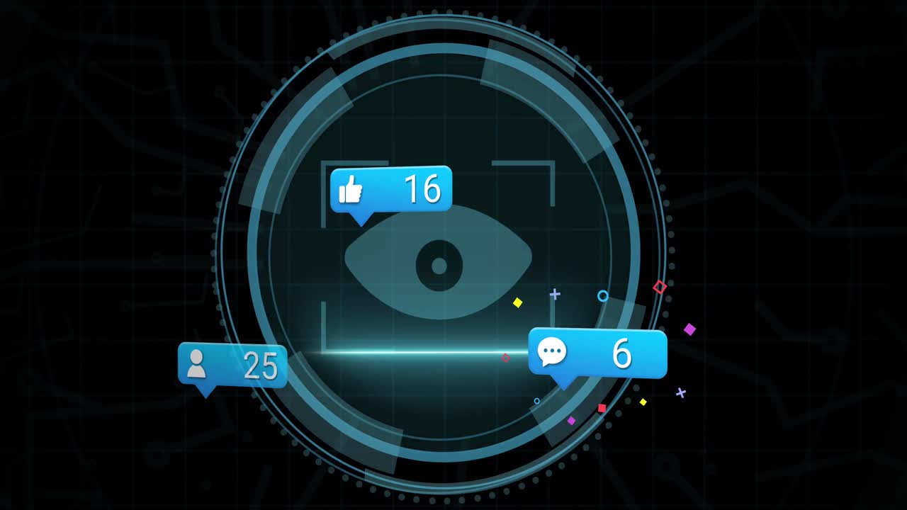 burbujas de voz con números crecientes y texto de seguridad cibernética en escáner redondo sobre fondo negro