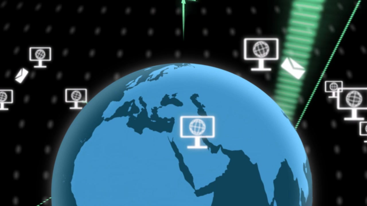 Globo azul girando enquanto barras verdes sobem ao fundo, monitores flutuando, grade varrendo, mostrando estatísticas
