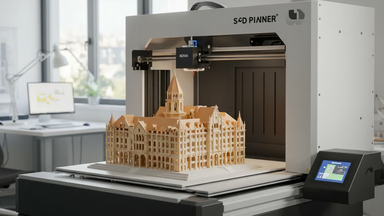 Advanced 3D Printer Creating an Intricate Architectural Model with Precision in a Modern Workspace, Showcasing the Future of Design and Technology Integration