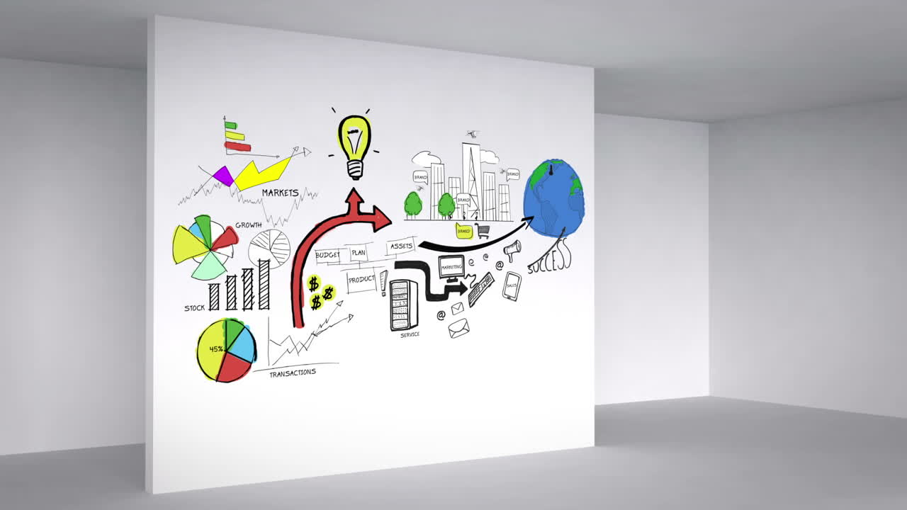animación a color que muestra la habitación 3d y el plan de negocios