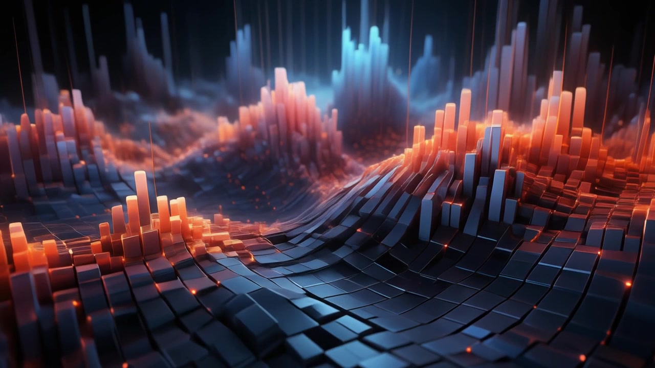 Abstract Digital Data Visualization with Glowing Orange and Blue Cubes
