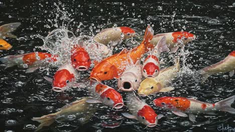 vibrant koi fish swimming together in a serene water environment, showcasing their bright colors and dynamic movements as they interact in a tranquil aquatic scene