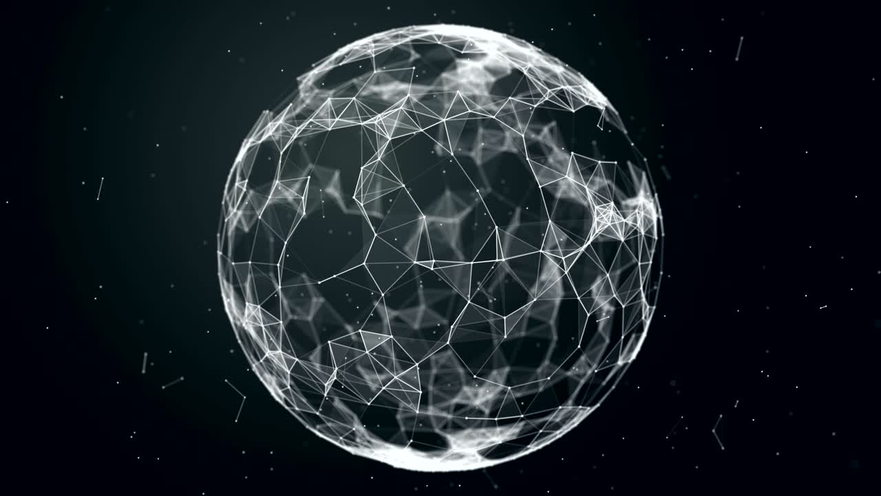 Sphere, globe and space in the form of a plexus. Abstract geometric background with moving lines, dots and triangles. Plexus fantasy abstract technology.