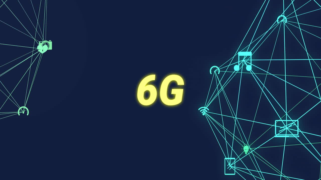 animación de la red de conexiones con iconos sobre texto de 6g.