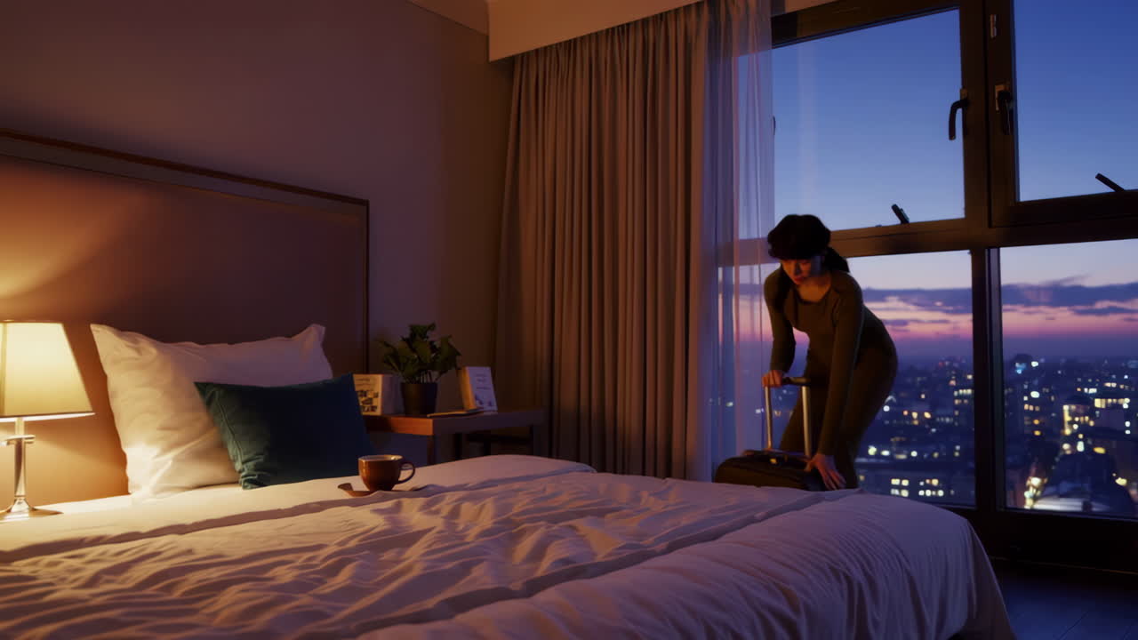 Night View Hotel Room with Traveler