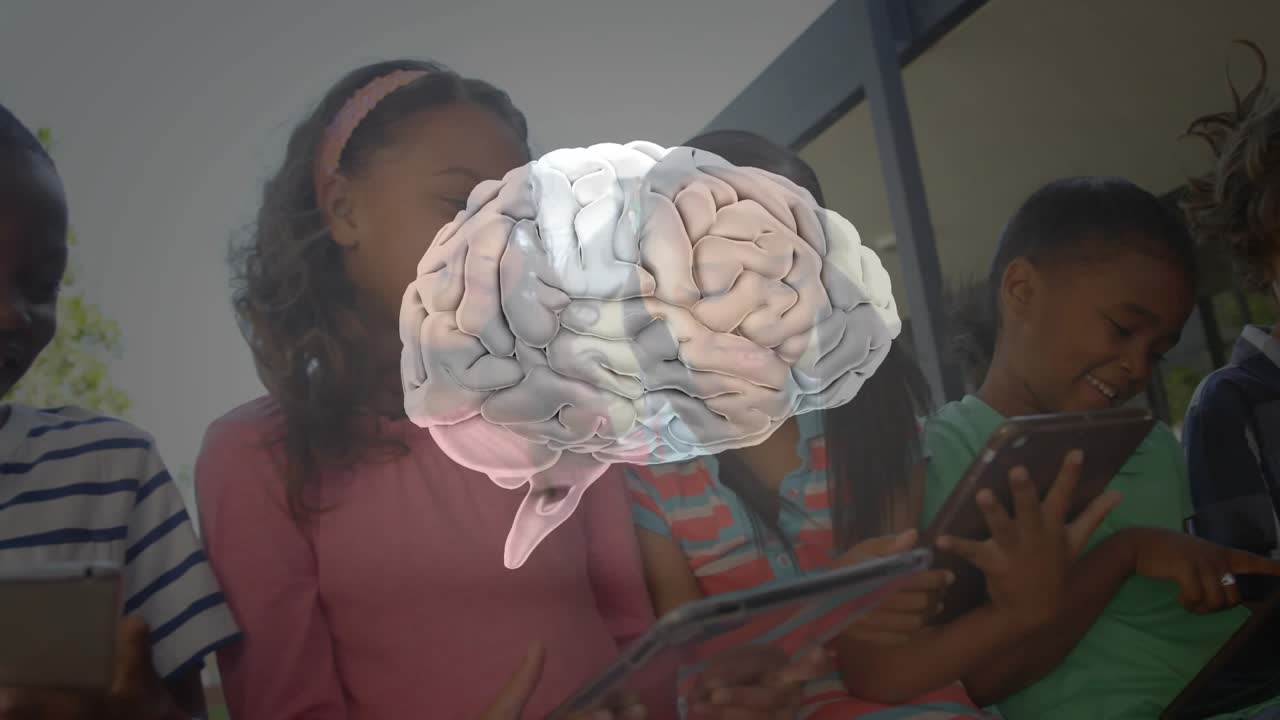 Kids sitting bench, brain graphic appearing rotating while tapping phones for education