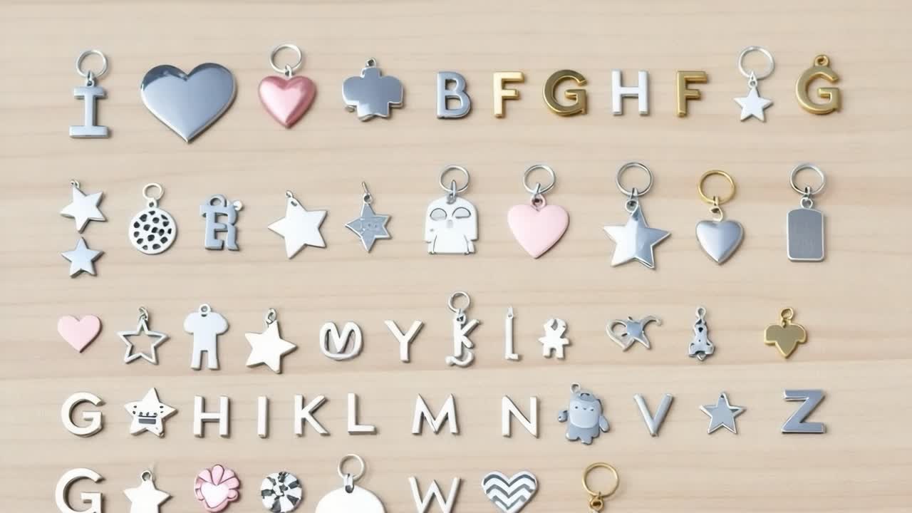 Collezione di ciondoli in metallo assortiti esposti su una superficie di legno, caratterizzati da varie forme come stelle, cuori e lettere, evidenziando le loro texture lucide e i colori vivaci.