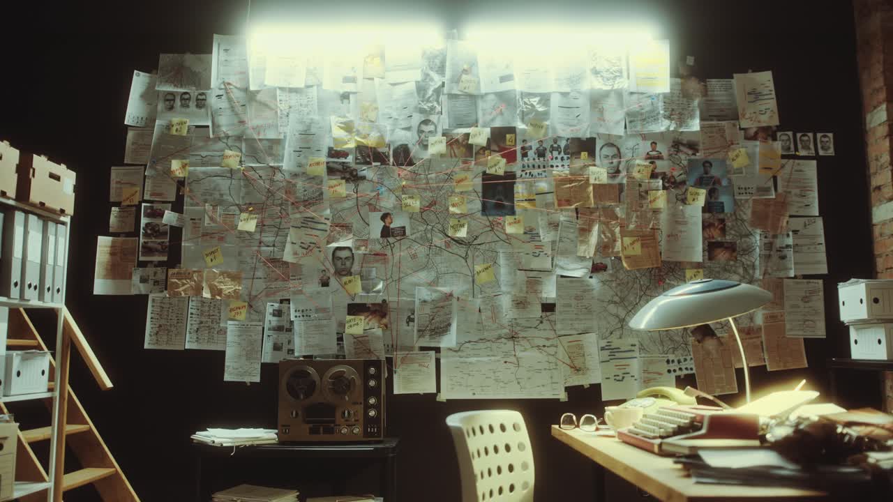 Detective Office with Criminal Investigation Board on Wall during Night
