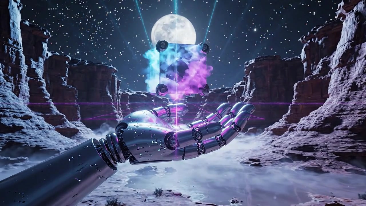 Una mano robotica futuristica tiene un portale mistico in mezzo a un paesaggio desertico stellato sotto la luna piena, mostrando l'intersezione tra tecnologia e natura