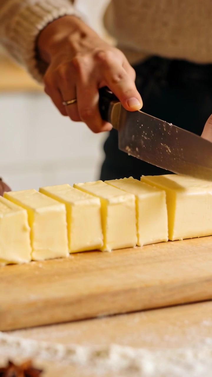 Video verticale: Spingendo un coltello da chef, mani con le maniche che tagliano il burro a cubetti su un tagliere per la cottura