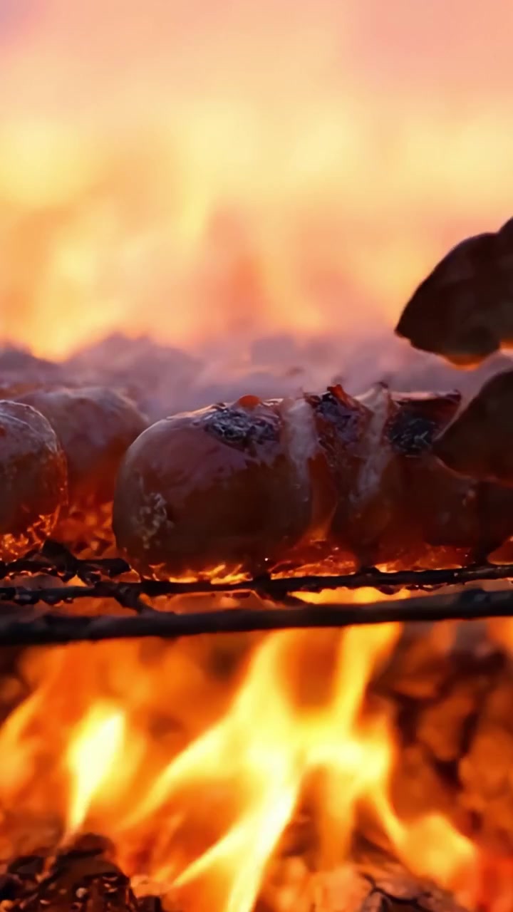 Salsicce sfrigolanti grigliate alla perfezione su braci ardenti: Una scena culinaria accattivante che evidenzia l'arte della cottura al barbecue