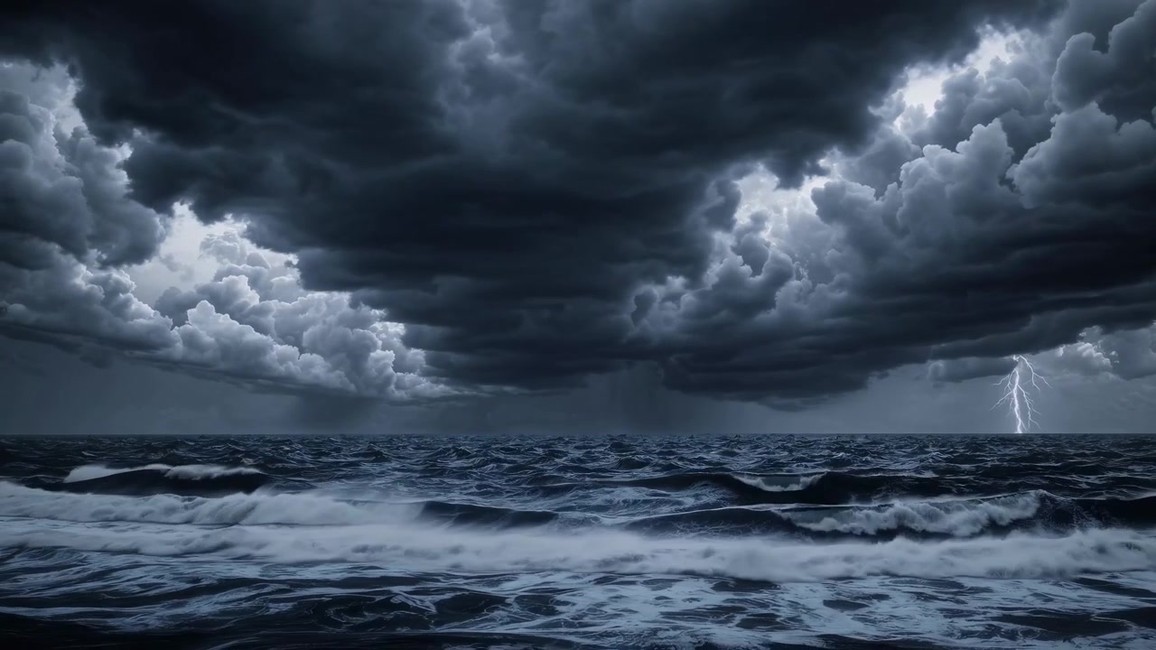 Tempesta oceanica drammatica con nuvole scure e fulmini lampeggianti