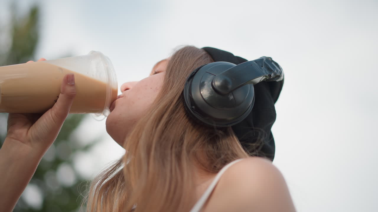 ragazza bianca con le cuffie che sorseggia un latte macchiato all'aperto in un parco. Adolescente con berretto che annuisce a ritmo di musica, primo piano dal basso di una tazza di caffè freddo, calda luce solare tra gli alberi, sorriso rilassato, influencer spontanea