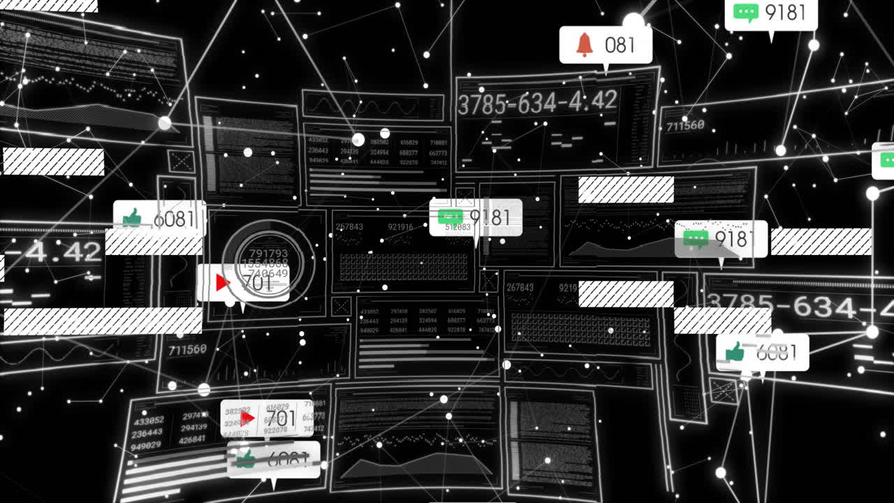 Animation of futuristic digital interface with notifications and data analytics in school