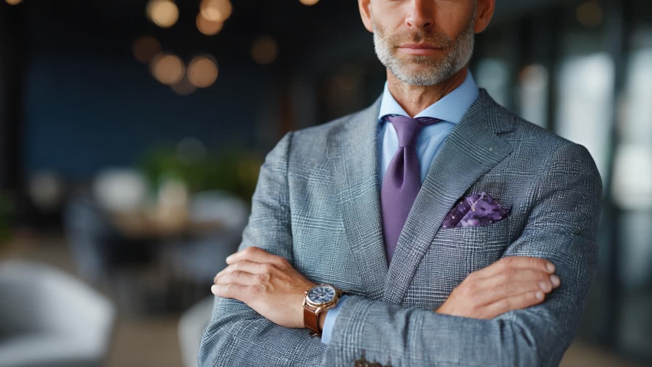 A Confident Businessman in a Tailored Suit Stands Posing with Crossed Arms in a Modern Office Setting, Exuding Professionalism and Style