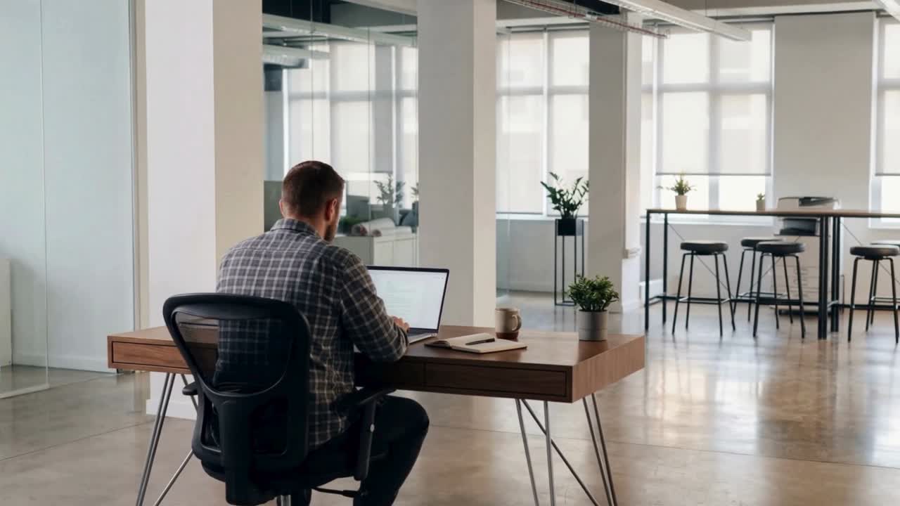 Professionista che lavora al laptop in un moderno ufficio open space con ampie finestre e luce naturale