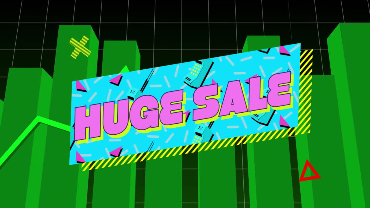 Huge sale text over colorful geometric shapes and green bar graph animation