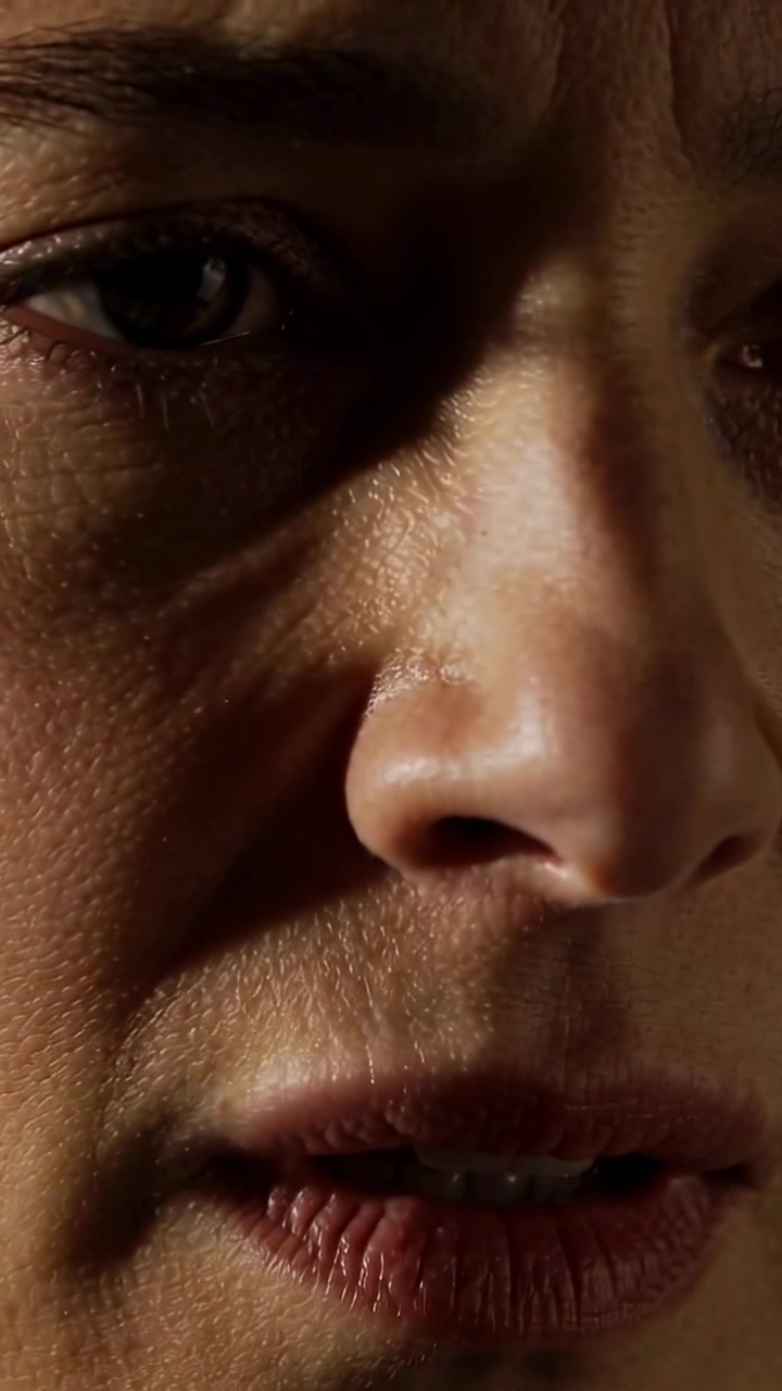 Vertical video: Inhaling, adult woman blinking and forming words in studio closeup side-lit skin