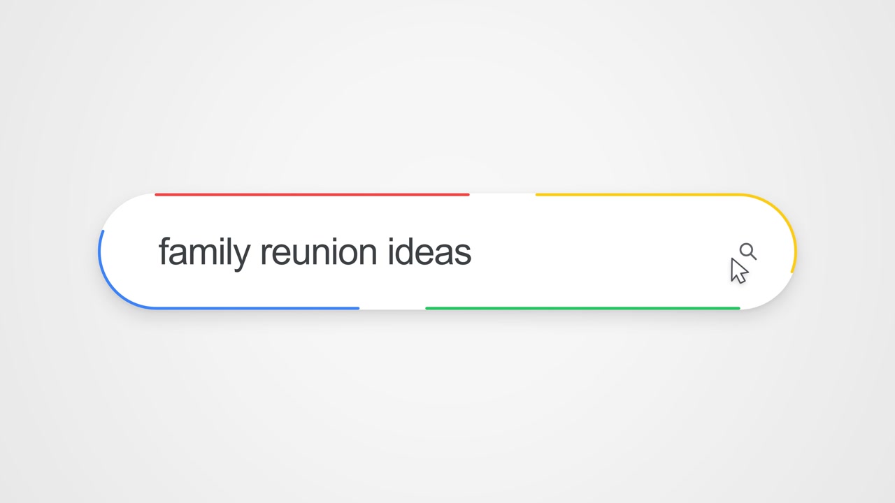 Close-up view of typing "family reunion ideas" into an online search bar with a cursor clicking the search icon, illustrating internet search and family event planning research