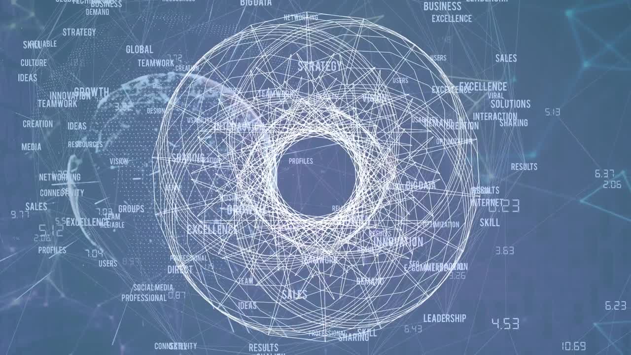 파란색 배경에 아이콘과 모양을 가진 연결 네트워크의 애니메이션