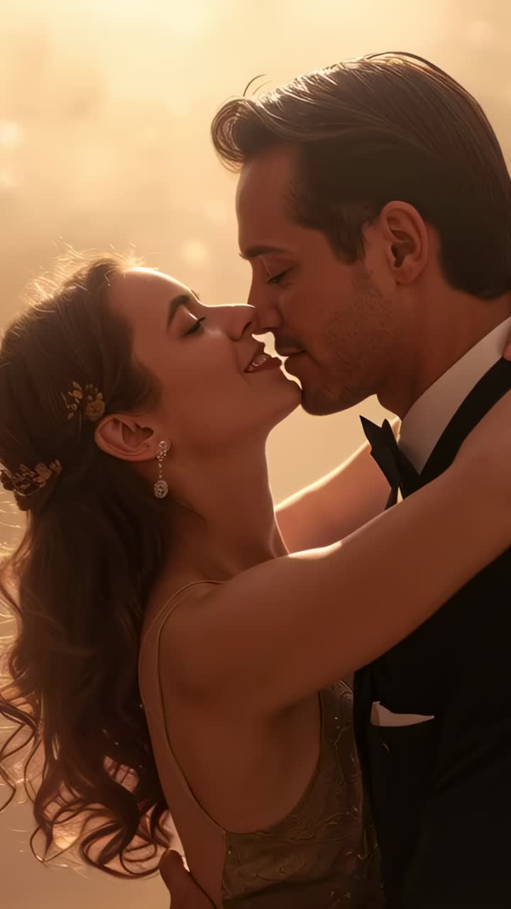 Vertical video: Kissing couple sharing tender kiss at reception, showing dress, hairpins, tuxedo