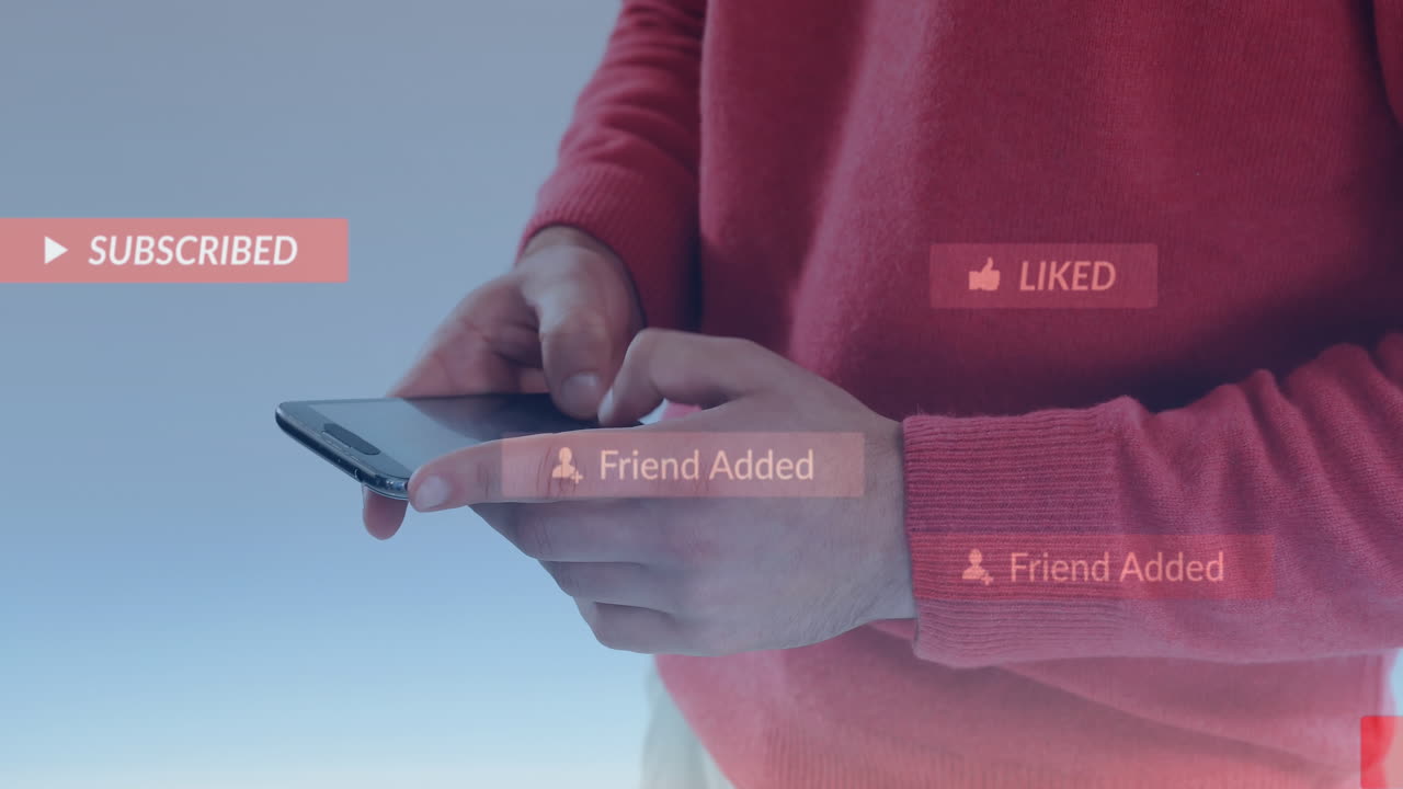 animación de iconos de redes sociales flotando contra la sección media de un hombre que usa un teléfono inteligente