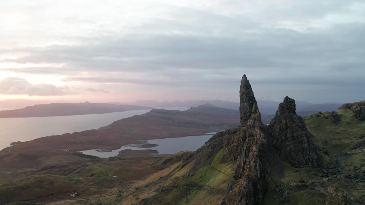drone shot of Old Man Of Storr on the Isle Of Skye in Scotland at sunrise