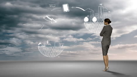 mujer de negocios mirando una tormenta de ideas en el desierto