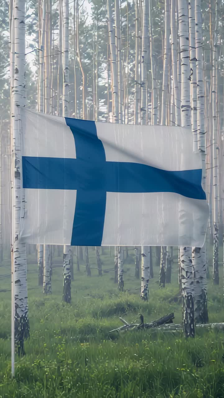 Vertical video: Waving Finnish flag on pole flapping from light breeze in birch grove, fallen log
